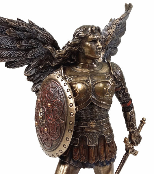 9.5" St Michael Archangel W Sword & Shield Facing Demon Statue Bronze Finish