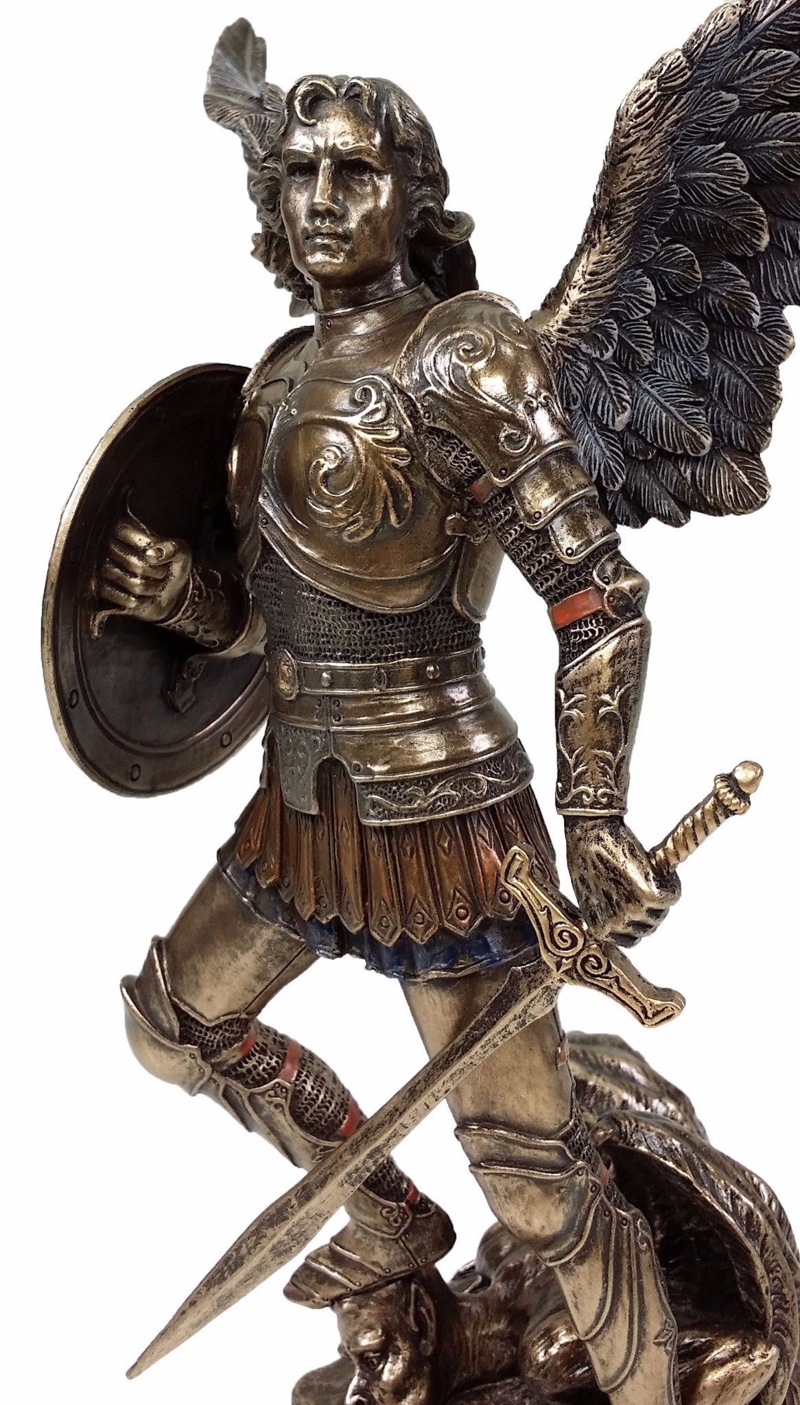 9.5" St Michael Archangel W Sword & Shield Facing Demon Statue Bronze Finish