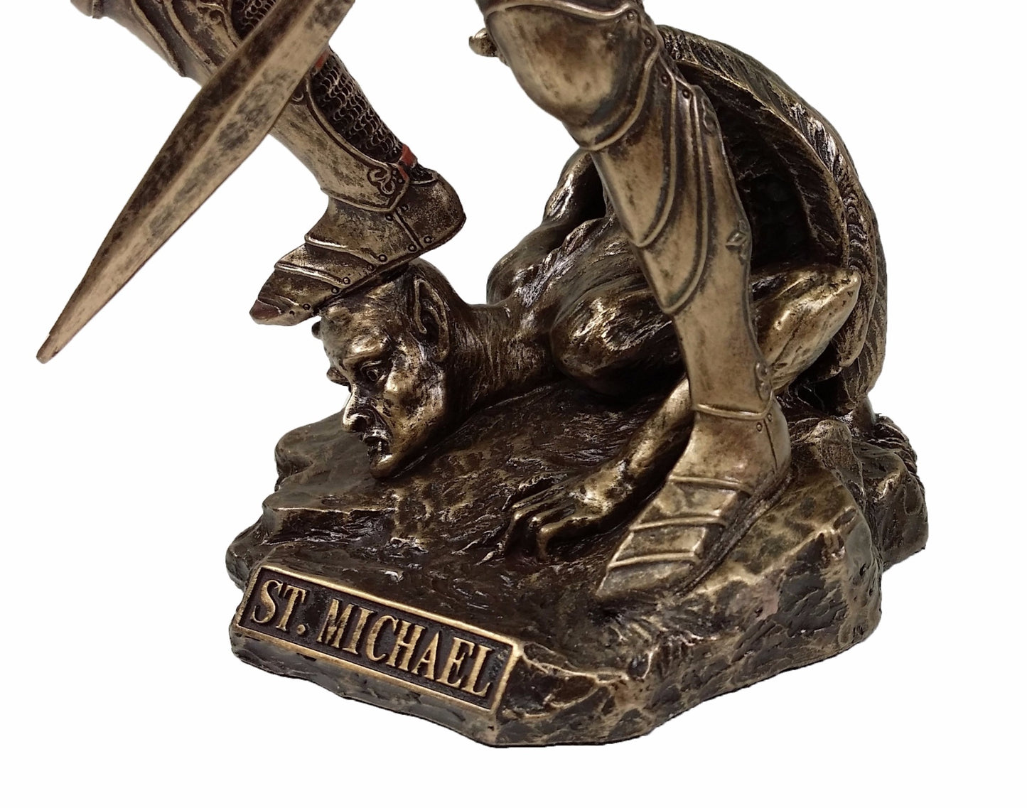 9.5" St Michael Archangel W Sword & Shield Facing Demon Statue Bronze Finish