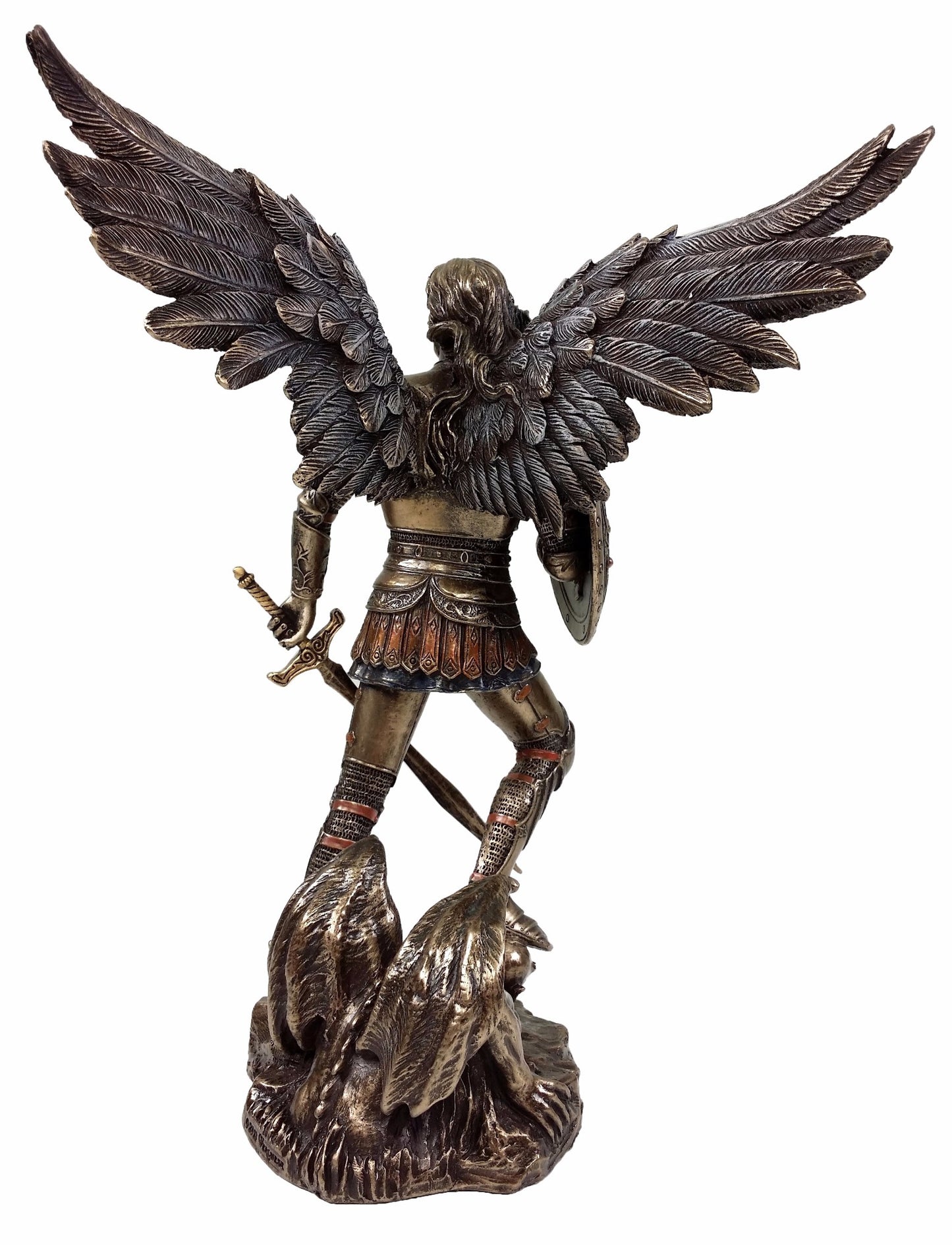 9.5" St Michael Archangel W Sword & Shield Facing Demon Statue Bronze Finish