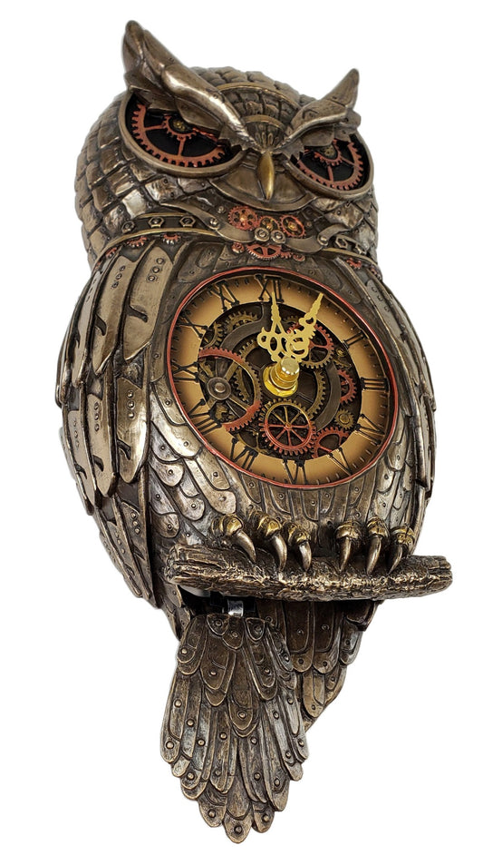 12.5" Steampunk Owl Gear Pendulum Wall Clock Statue Sculpture