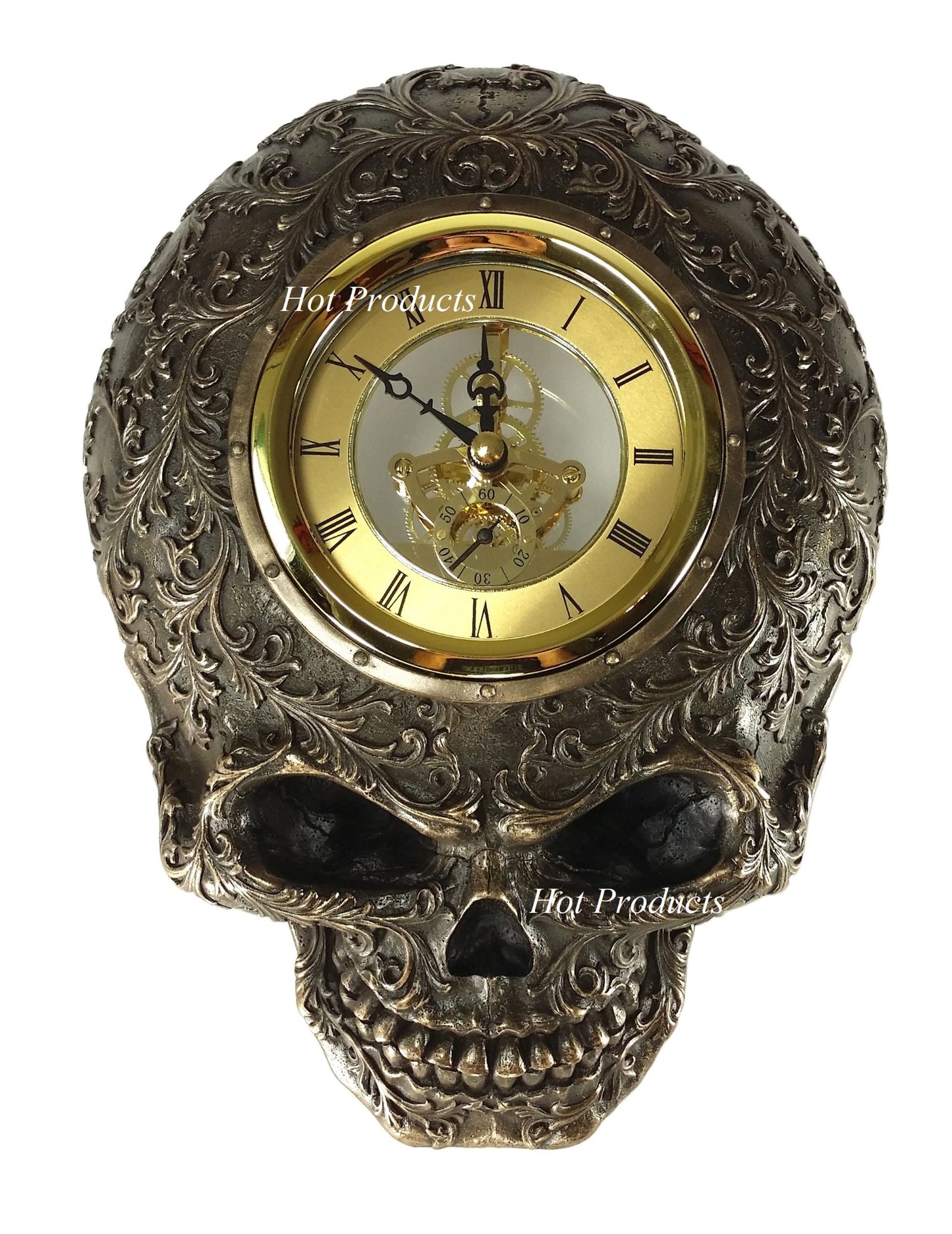 10" Steampunk Skull Statue Gear Wall Clock Statue Skulpture