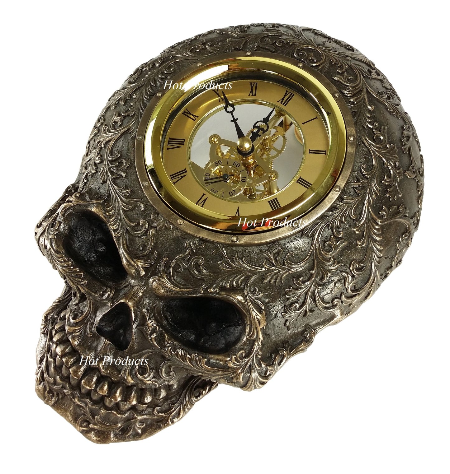 10" Steampunk Skull Statue Gear Wall Clock Statue Skulpture