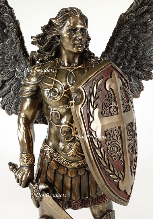 14" Saint Michael ARCHANGEL W Sword & Battle Shield Statue Bronze Color Angel