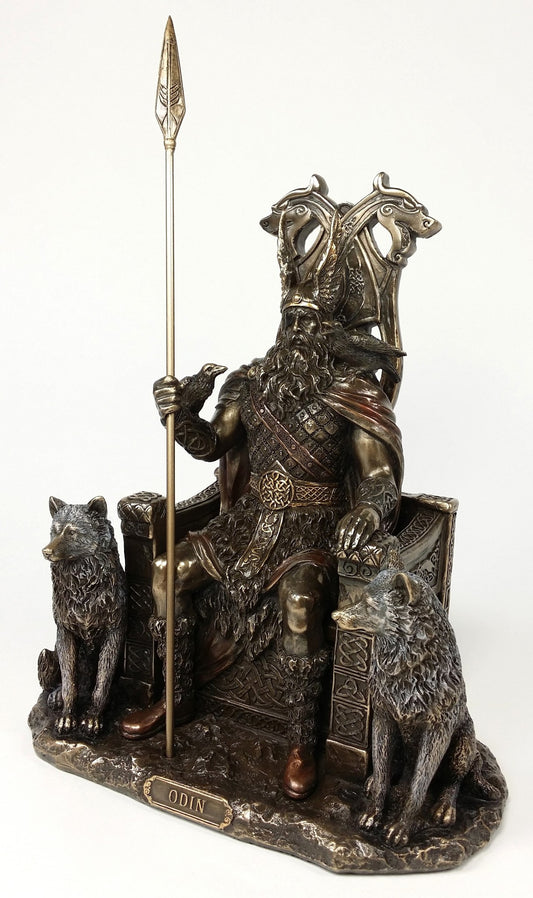 Odin on Throne W Wolves Viking Norse Mythology God Statue Antique Bronze Color
