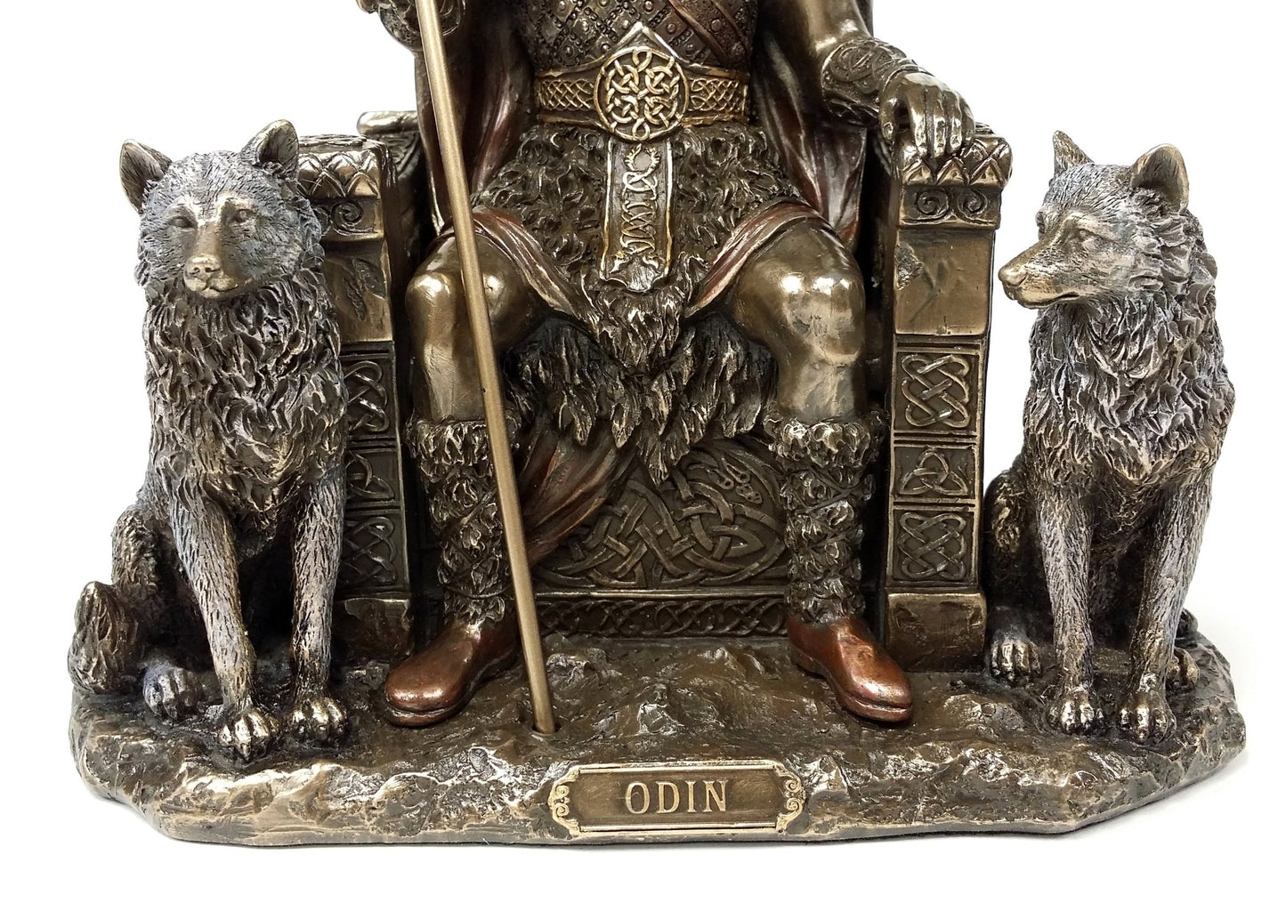 Odin on Throne W Wolves Viking Norse Mythology God Statue Antique Bronze Color