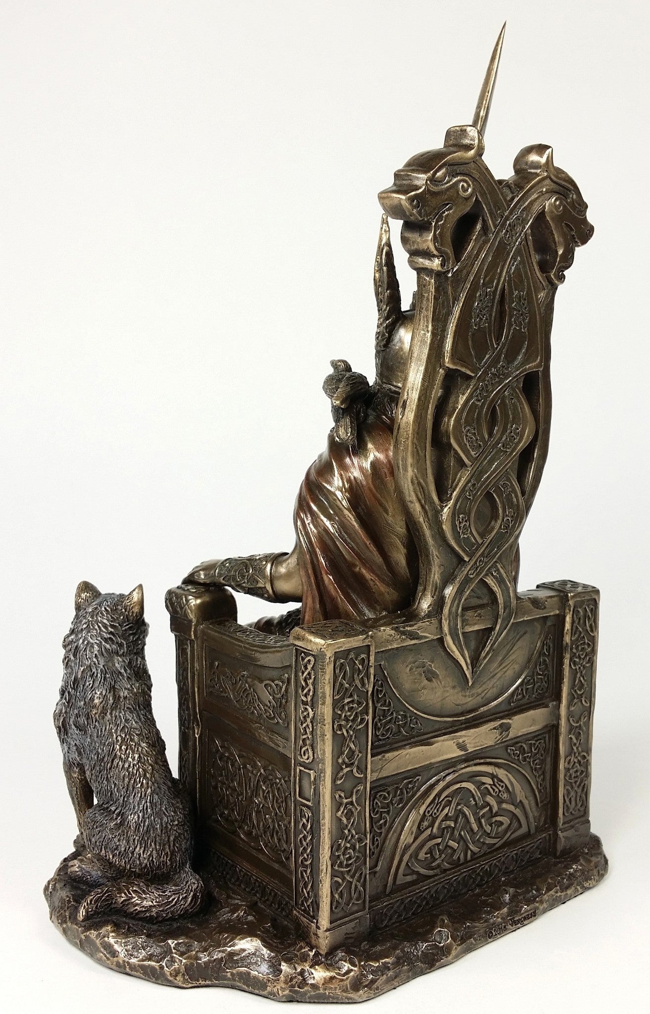 Odin on Throne W Wolves Viking Norse Mythology God Statue Antique Bronze Color