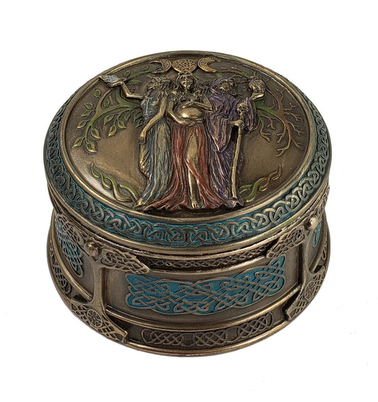 3 3/4" Hecate Triple Goddess Celtic God Round Trinket Box Statue Bronze Finish