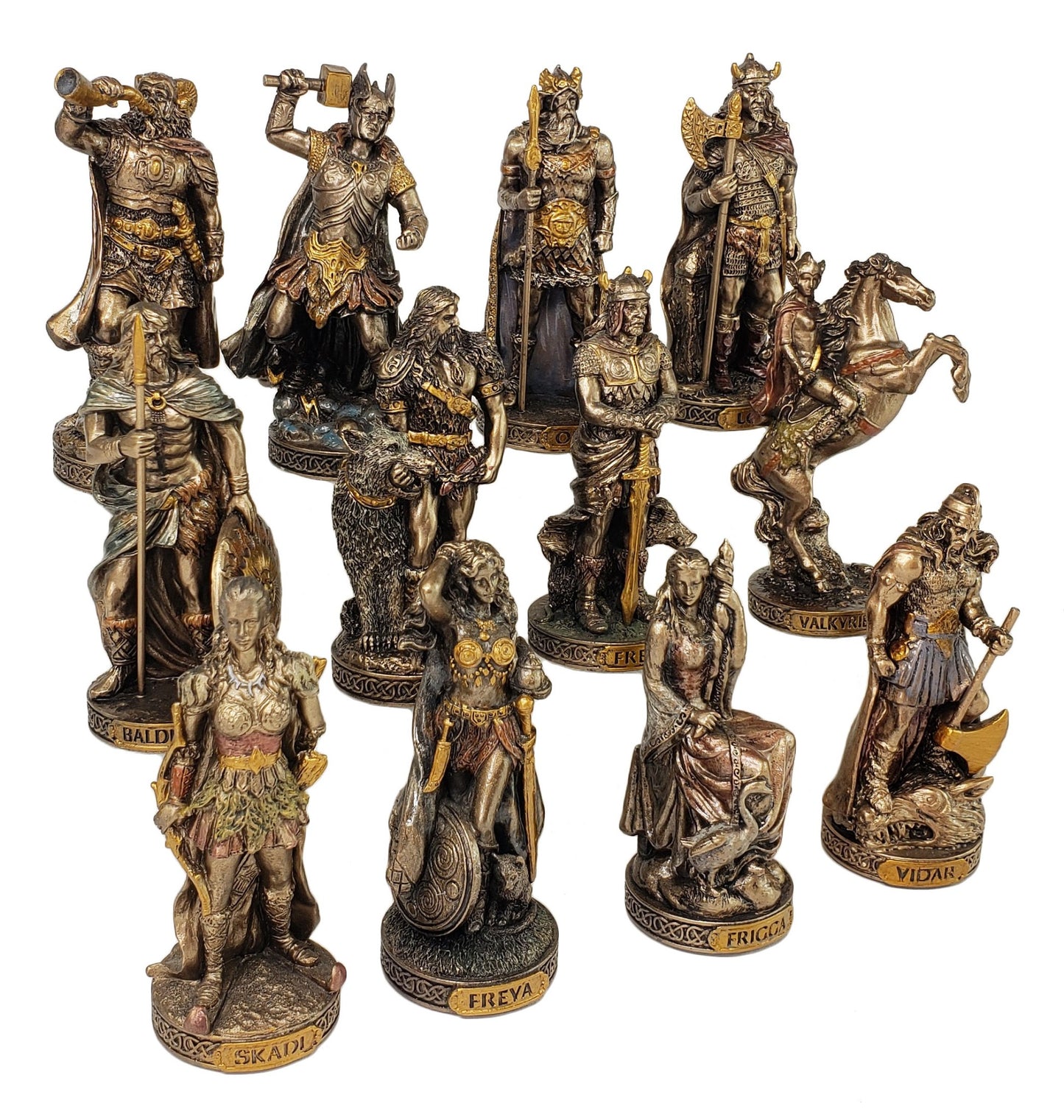 12 Pc 3.5" Norse Gods Mythology Figurine Set Odin Thor Loki Freya Bronze Color