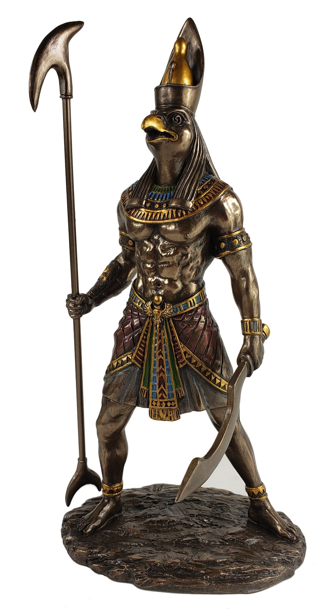 10 1/2" Egyptian Horus Falcon Headed God with Staff & Sword Statue Bronze Color