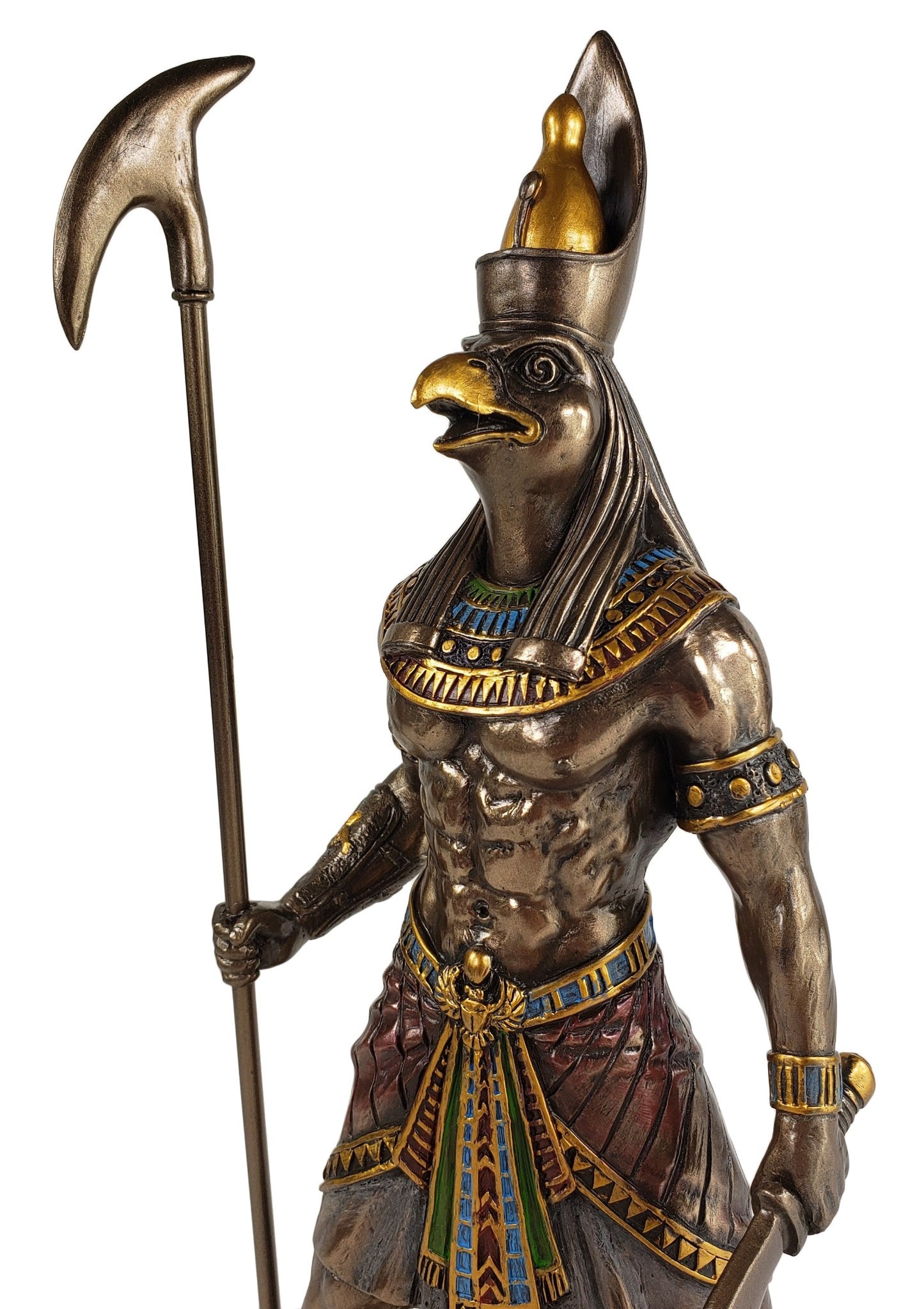 10 1/2" Egyptian Horus Falcon Headed God with Staff & Sword Statue Bronze Color