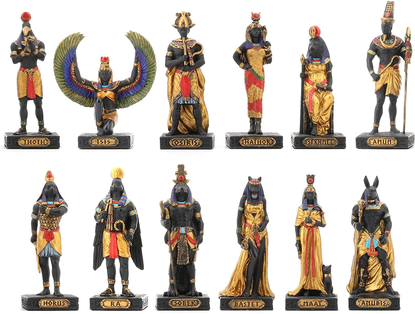 12 Pc 3.5" Egyptian Gods Figurine Set Black & Gold Bastet Anubis Thoth and More