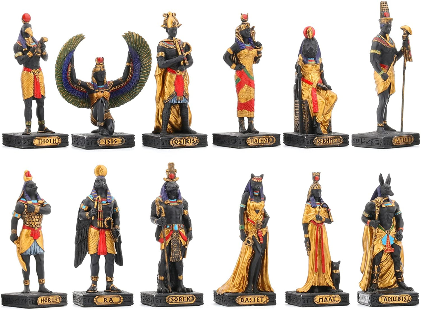 12 Pc 3.5" Egyptian Gods Figurine Set Black & Gold Bastet Anubis Thoth and More