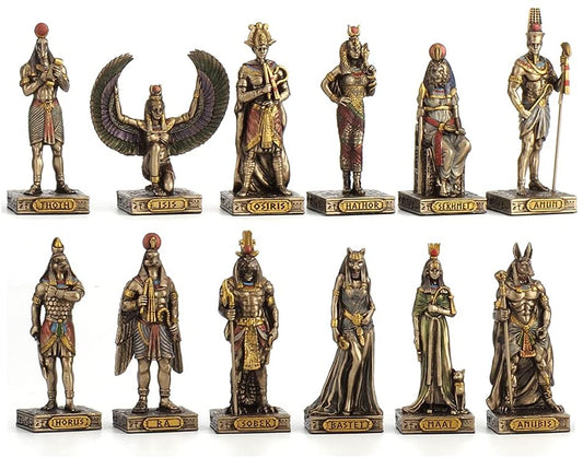 12 Pc 3.5" Egyptian Gods Figurine Set Bronze Color Bastet Anubis Thoth and More