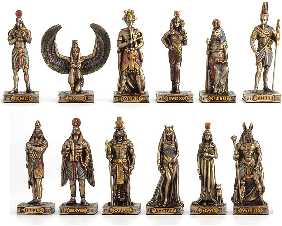 12 Pc 3.5" Egyptian Gods Figurine Set Bronze Color Bastet Anubis Thoth and More