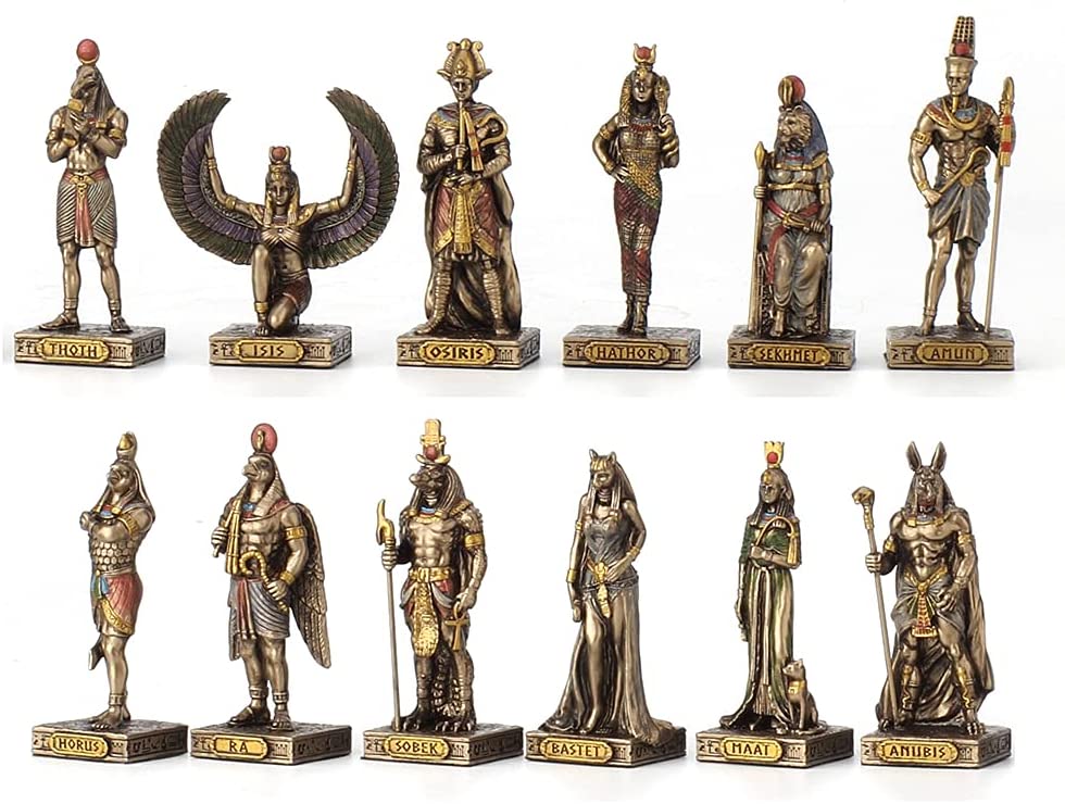 12 Pc 3.5" Egyptian Gods Figurine Set Bronze Color Bastet Anubis Thoth and More