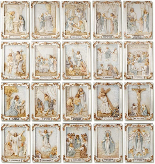 4"x3" 20 pc Mysteries of the Rosary Catholic Prayer Wall Plaque Set White & Gold
