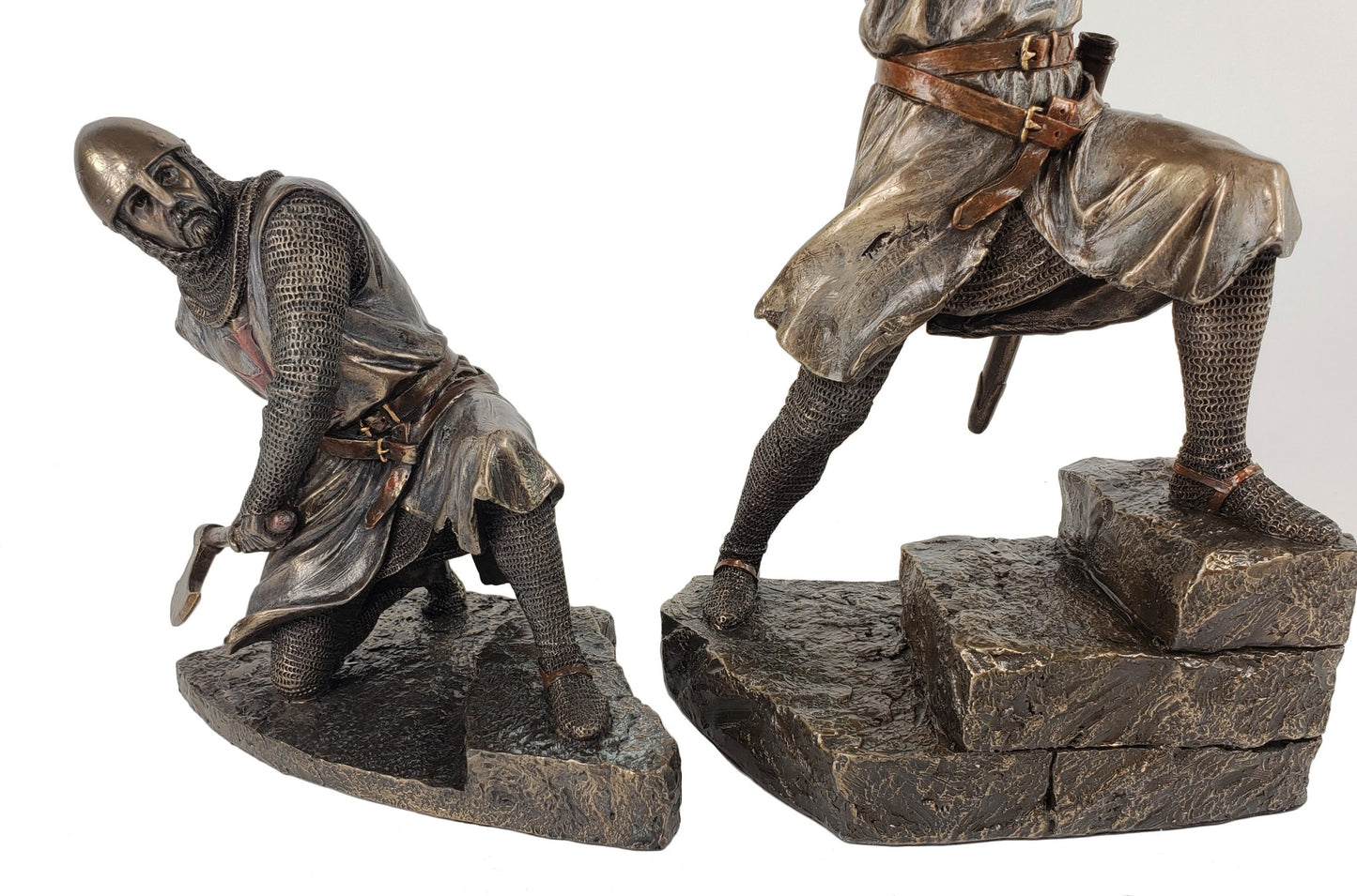 Pair of Medieval Times Templar Knights on Stairs Fighting Statue Bronze Color