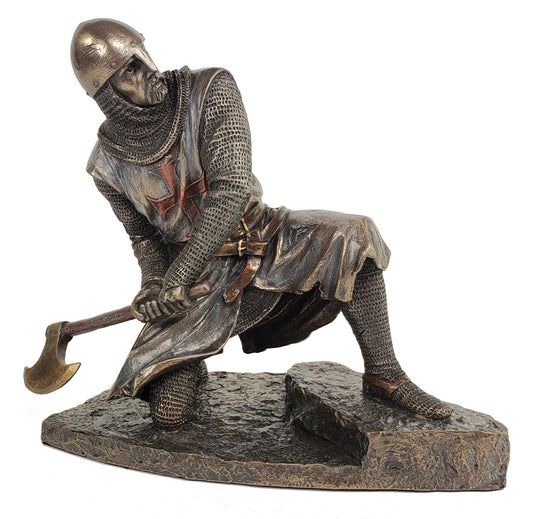 8" Templar Knight Statue Crouching on Stairs with Battle Axe Maltese Cross