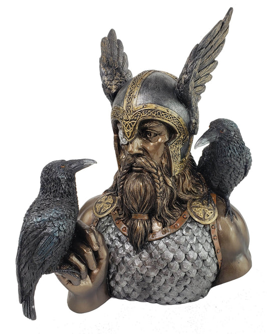 9" Odin Bust with Ravens Viking Norse Mythology God Statue Bronze & Silver Color