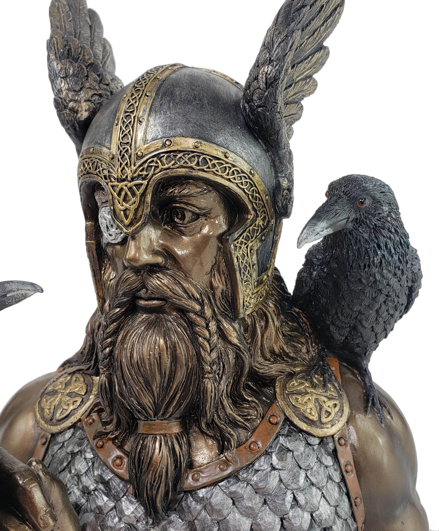 9" Odin Bust with Ravens Viking Norse Mythology God Statue Bronze & Silver Color