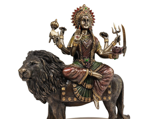 10 1/2 Inch Hindu Goddess Diety Durga Sitting on Lion Statue Bronze Finish