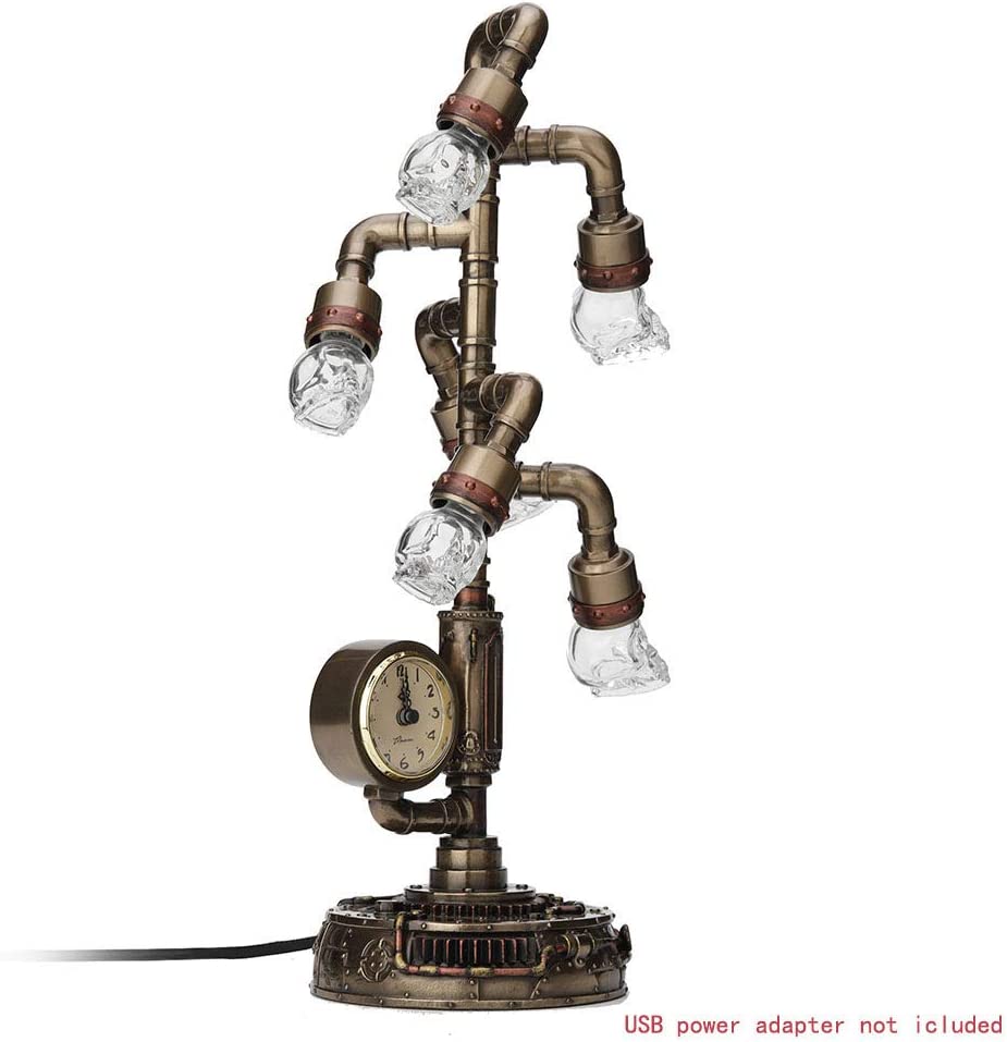 17" Steampunk Pipework Crystal Skull Lamp 6 Branch LED Table Night Light W Clock