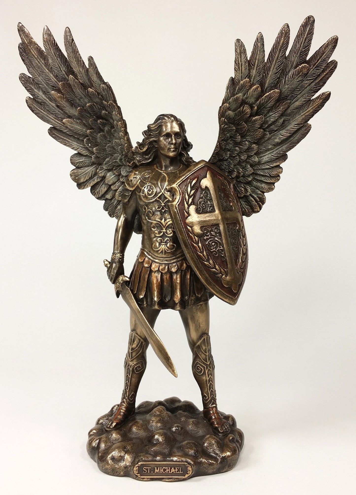 11" Saint Michael ARCHANGEL W Sword & Battle Shield Statue Bronze Color Angel