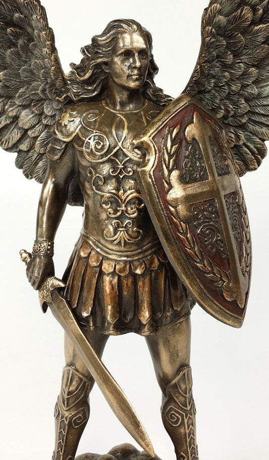 11" Saint Michael ARCHANGEL W Sword & Battle Shield Statue Bronze Color Angel