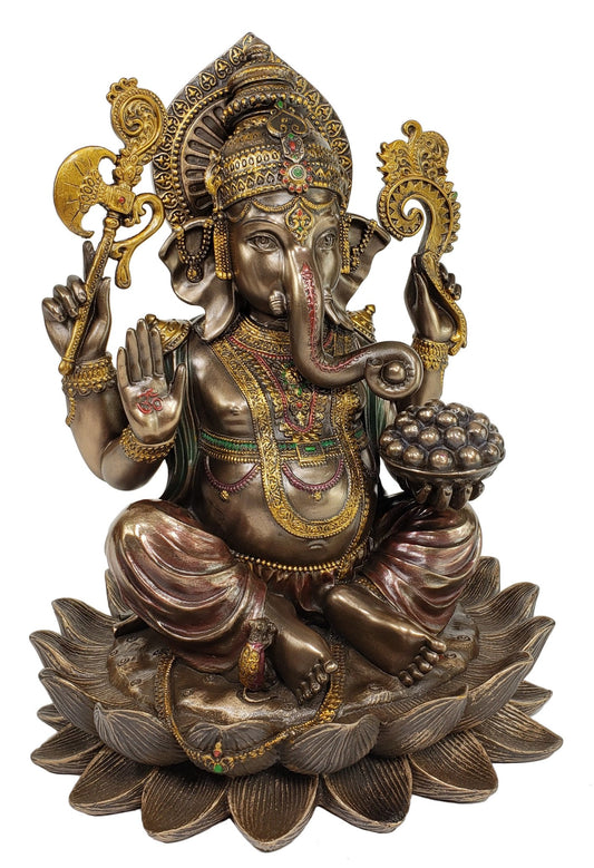 10" Inch Hindu Elephant Head God Ganesha Sitting on Lotus Statue Bronze Finish