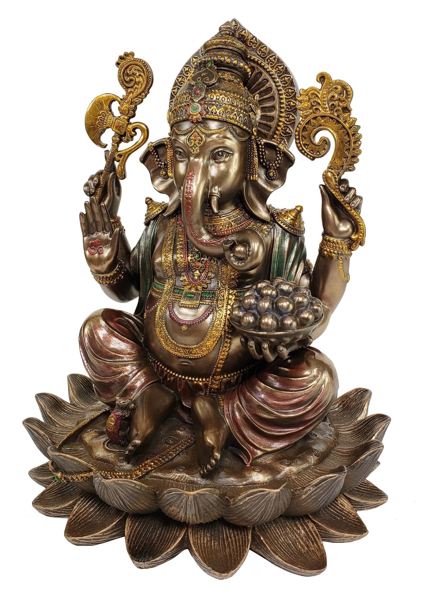 10" Inch Hindu Elephant Head God Ganesha Sitting on Lotus Statue Bronze Finish