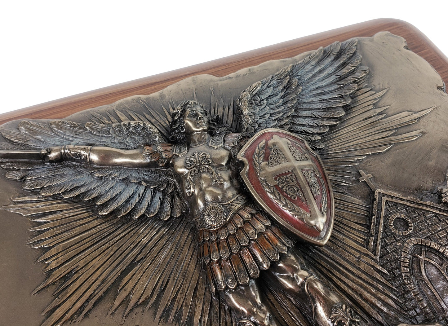 18" Saint Michael ARCHANGEL 3D Wood Wall Plaque Statue Bronze Color Angel