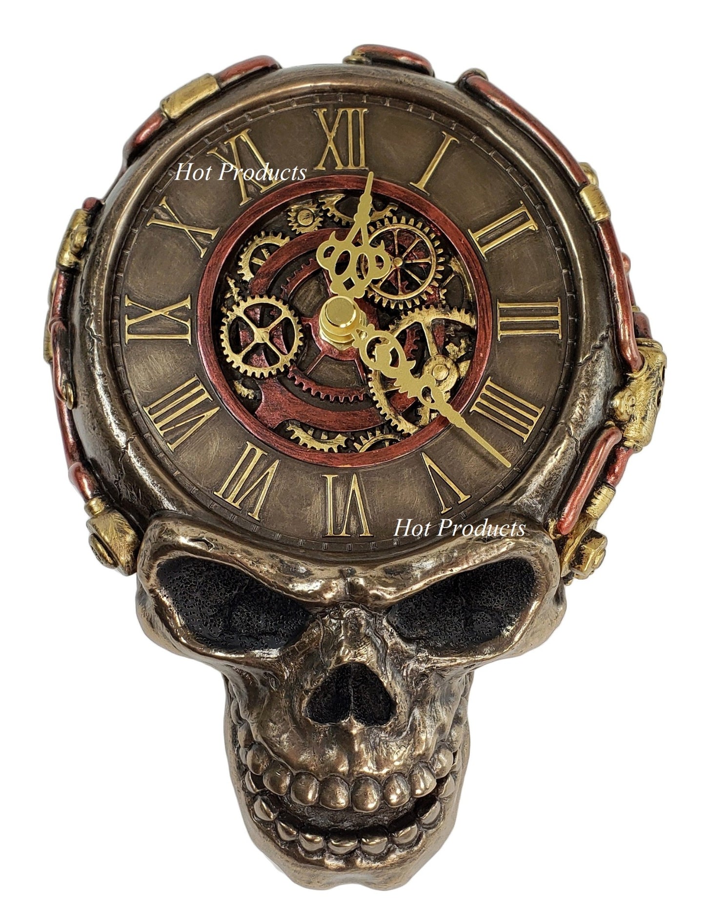 8" Steampunk Skull Statue Gear Wall Clock Statue Sculpture