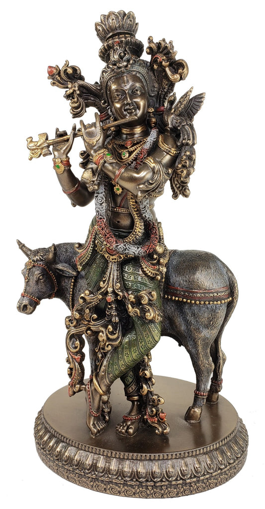 10 1/2 Inch Hindu Supreme God Krishna and The Holy Cow Statue Bronze Finish