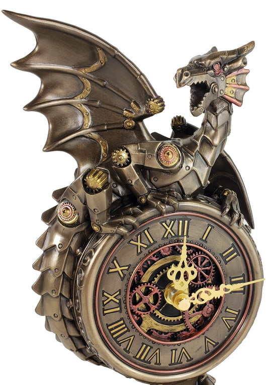 10" Steampunk Gear Design Dragon Wall Plaque Clock Bronze Color