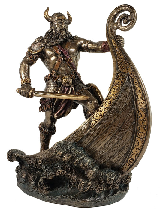 9 1/2 Inch Norse Viking Warrior Standing On Long Ship Prow Bronze Color Statue