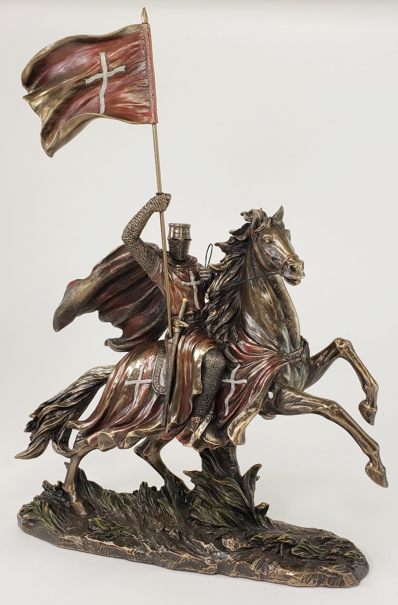 11 1/2" x 16" Medieval Times Templar Knight on Horse w/ Flag Statue Bronze Color