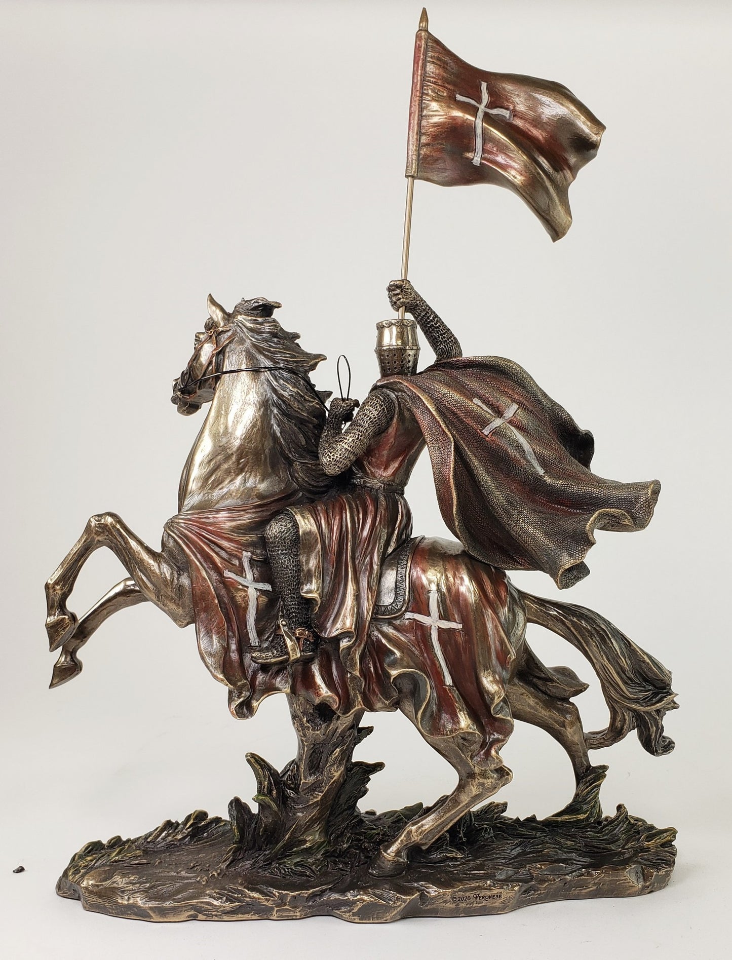 11 1/2" x 16" Medieval Times Templar Knight on Horse w/ Flag Statue Bronze Color