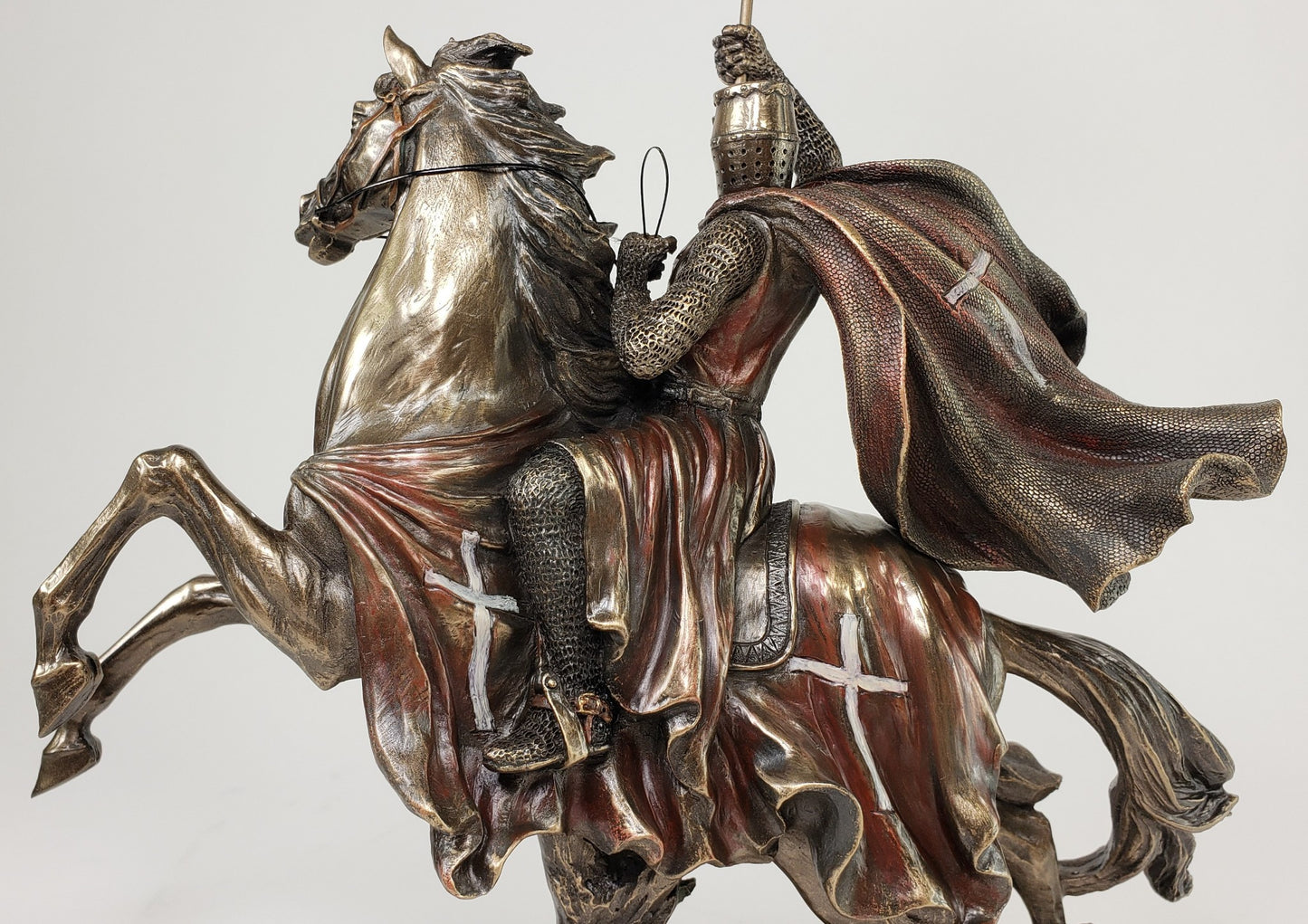 11 1/2" x 16" Medieval Times Templar Knight on Horse w/ Flag Statue Bronze Color