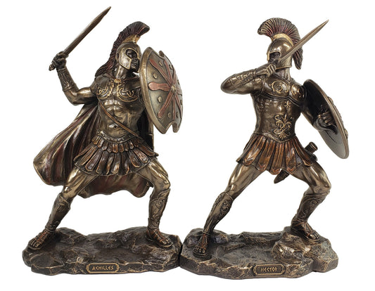 Achilles vs Hector W Swords Battle of Troy Greek Mythology Statue Bronze Color