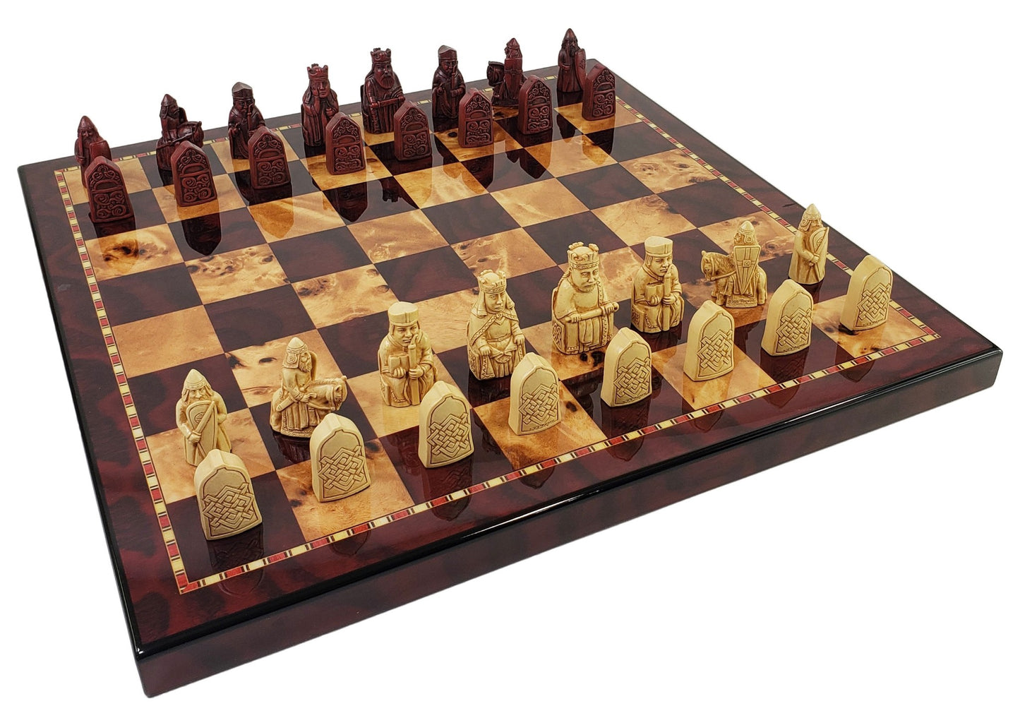 Antique White & Red Mini Isle of Lewis Chess Set With 18" Cherry Color Board