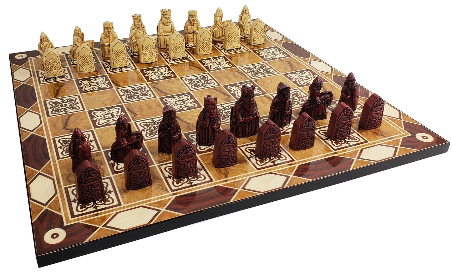 Antique White & Red Mini Isle of Lewis Chess Set With 17" Burlwood Color Board