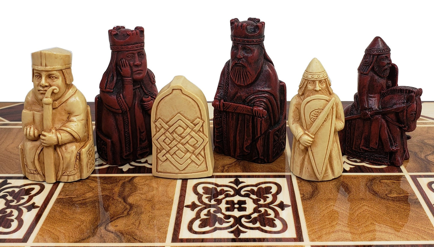 Antique White & Red Mini Isle of Lewis Chess Set With 17" Burlwood Color Board