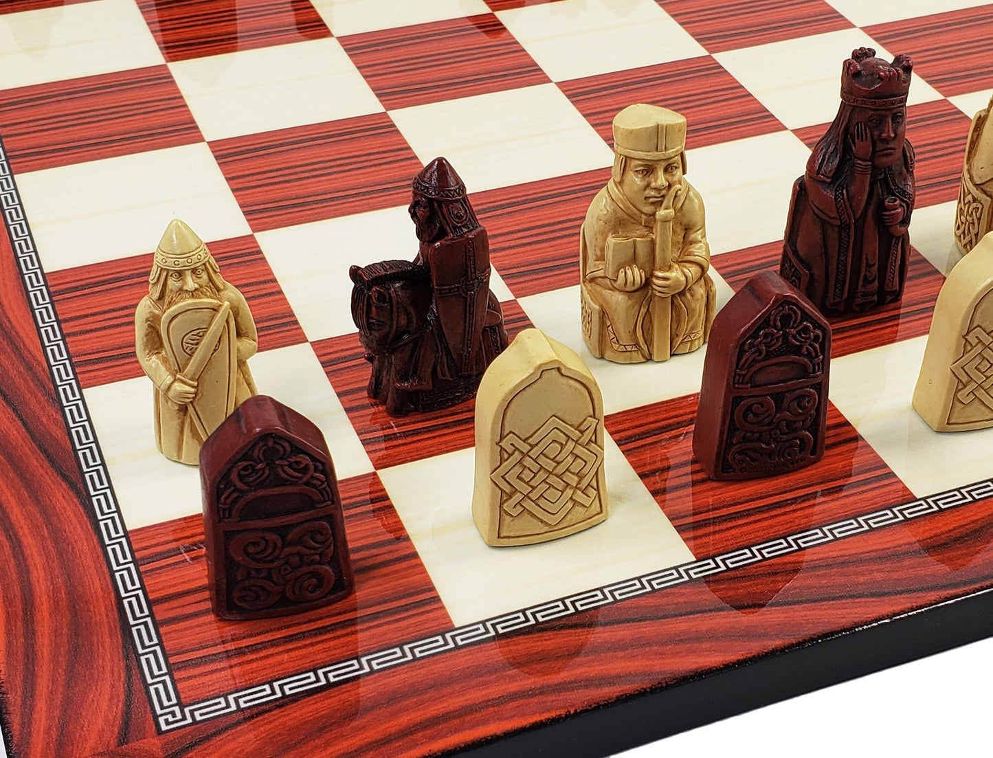 Antique White & Red Mini Isle of Lewis Chess Set With 17" Cherry Color Board