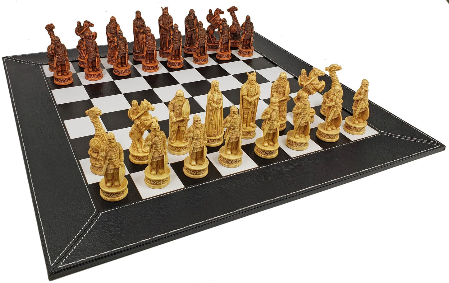 Antique White & Brown Norse Viking Chess Set 18" Black White Faux Leather Board