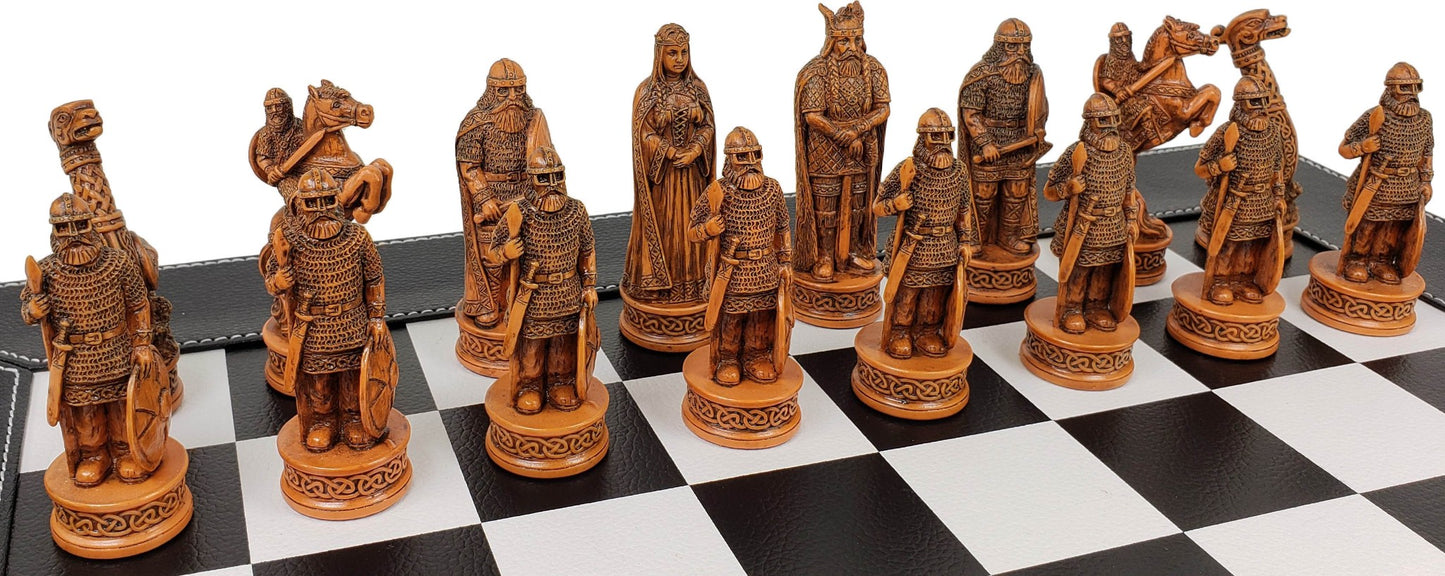 Antique White & Brown Norse Viking Chess Set 18" Black White Faux Leather Board