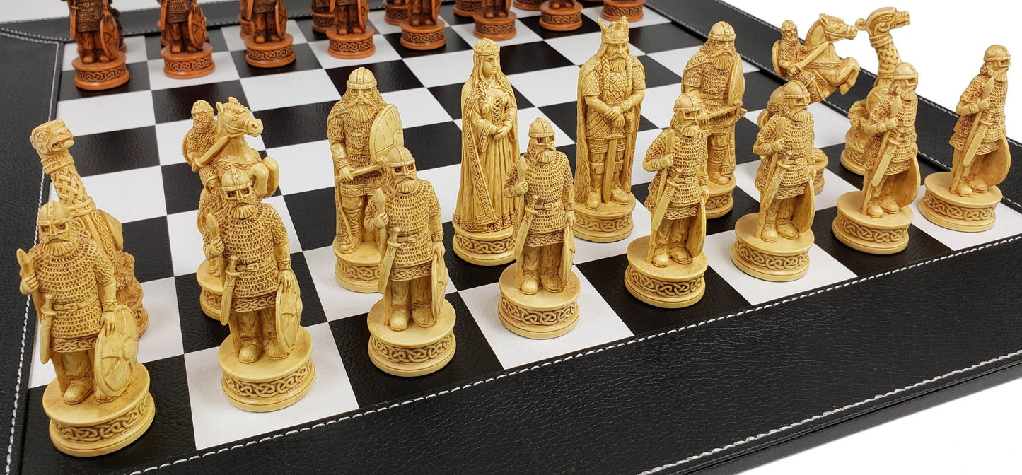 Antique White & Brown Norse Viking Chess Set 18" Black White Faux Leather Board