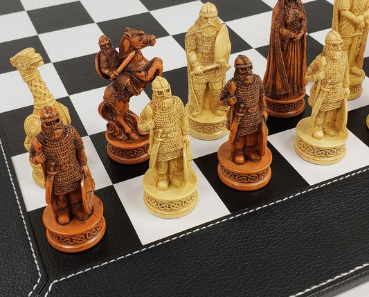 Antique White & Brown Norse Viking Chess Set 18" Black White Faux Leather Board