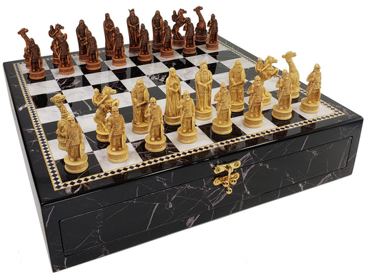 Antique White & Brown Norse Viking Chess Set 17" Black Faux Marble Storage Board
