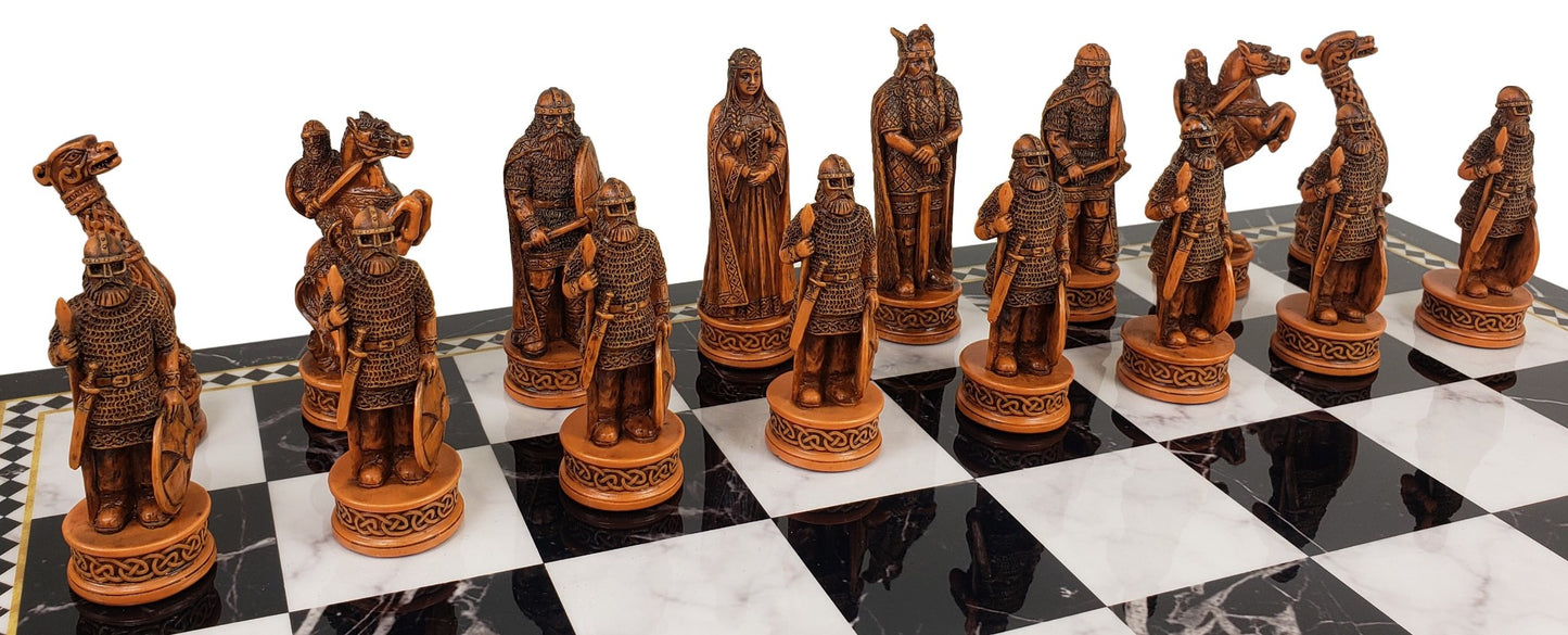 Antique White & Brown Norse Viking Chess Set 17" Black Faux Marble Storage Board